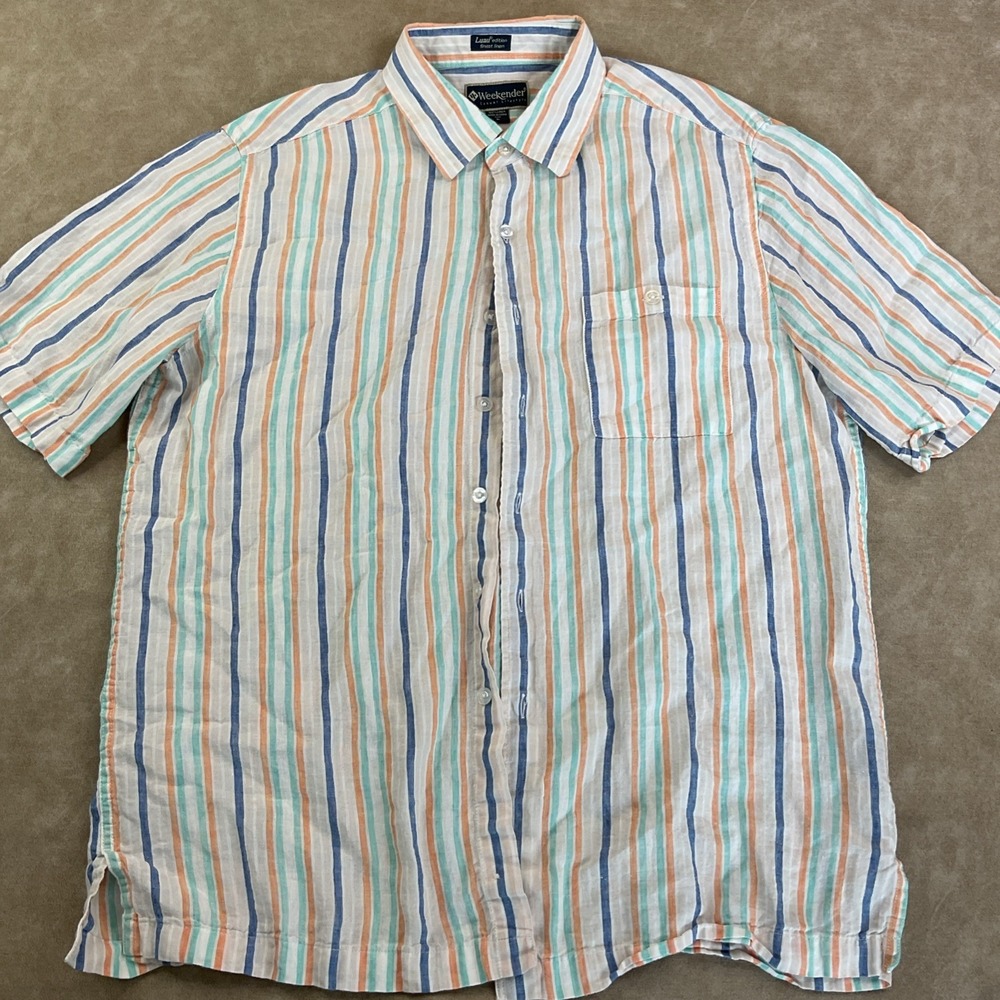 Weekender Luau Edition Shirt Men L Linen Striped Button Up Resort Short Sleeve - Picture 2 of 8